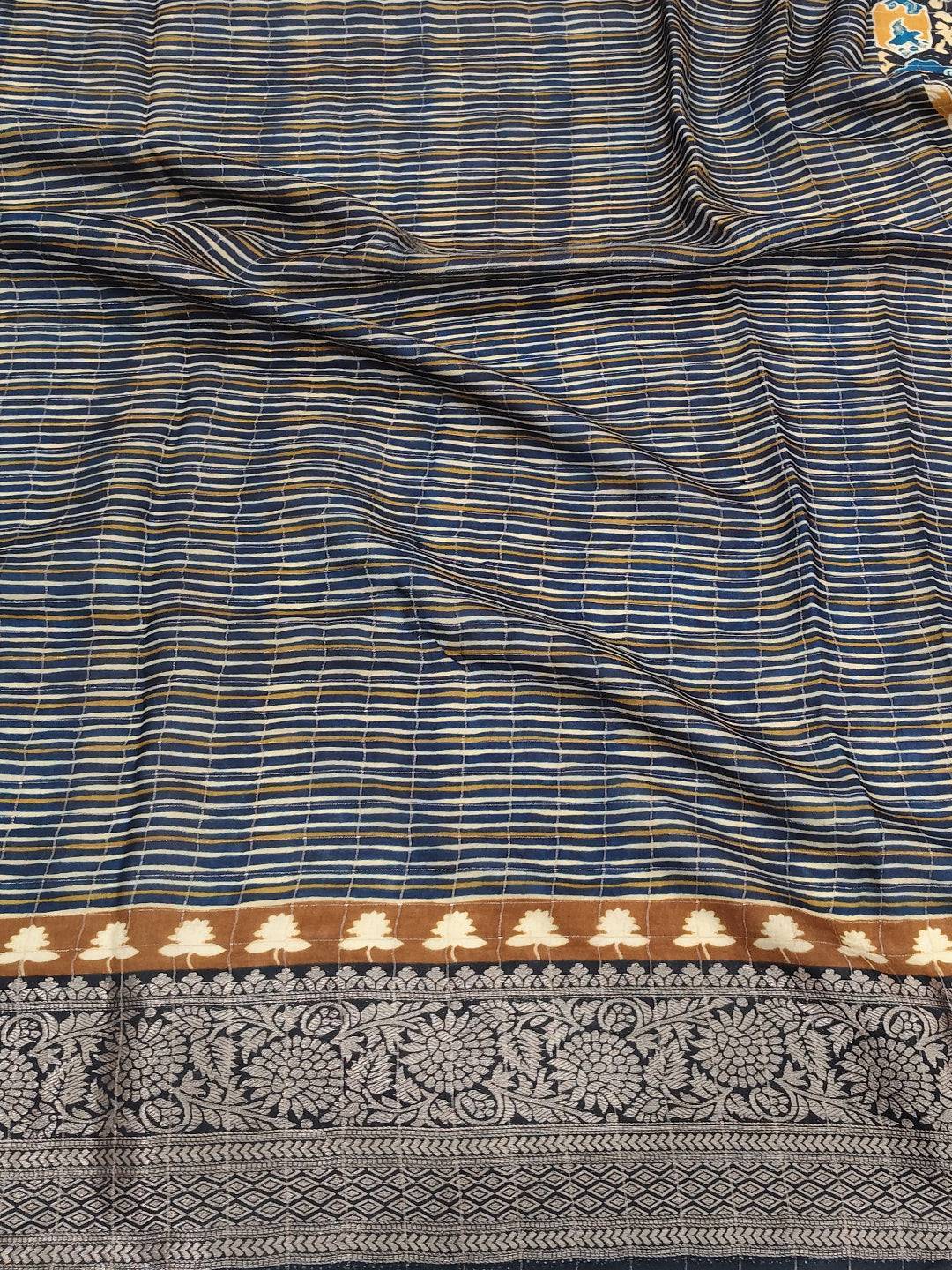 Ink Blue Ajrak Print Viscose Saree