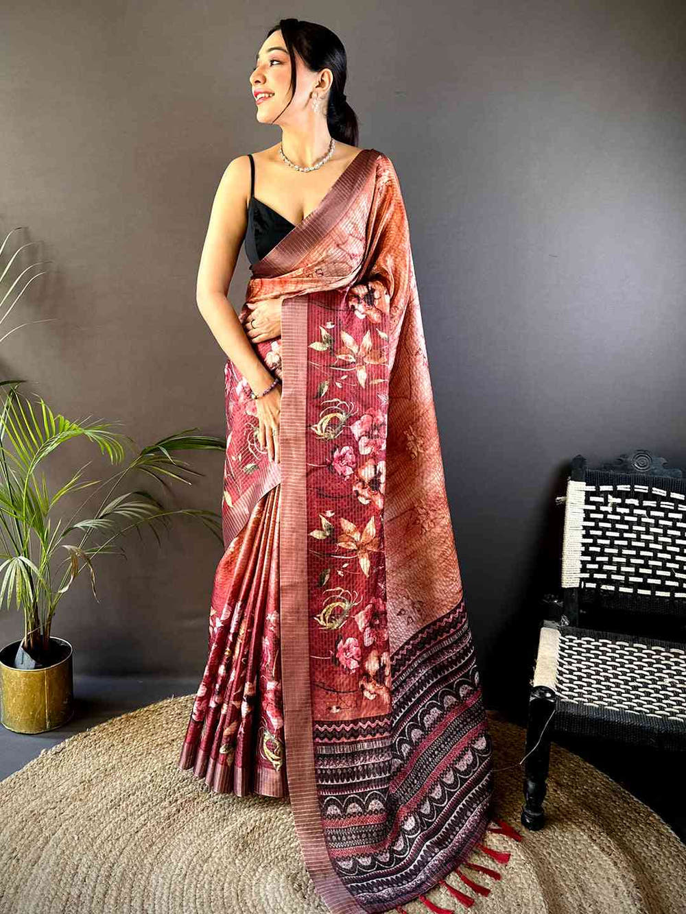 Rust Brown Tissue Chanderi Digital Check Saree
