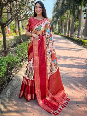 Peach Colour Double Border Chex Weaving Banarasi Soft Silk Saree