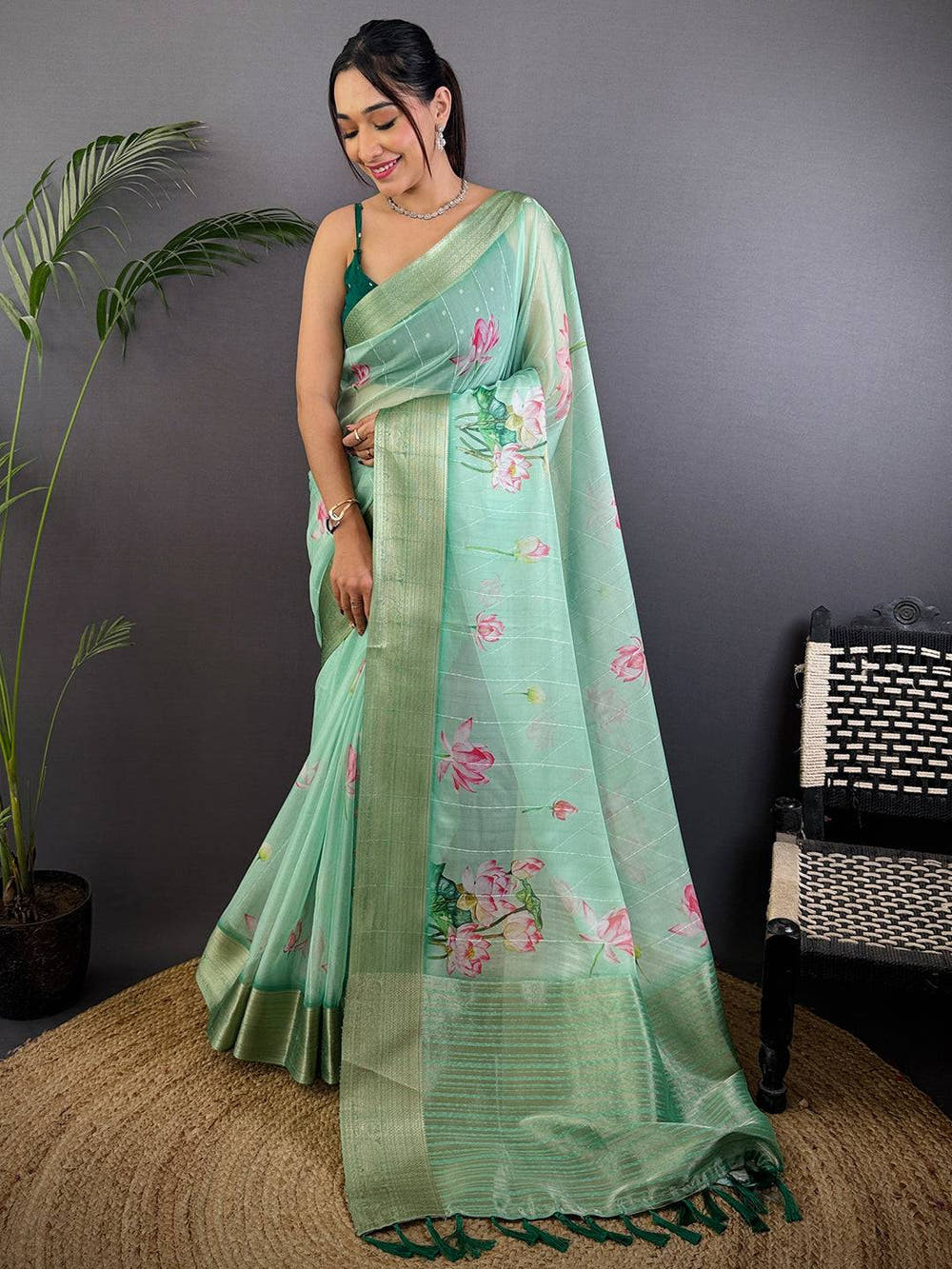 Mint Green Soft Organza Digital Print Saree