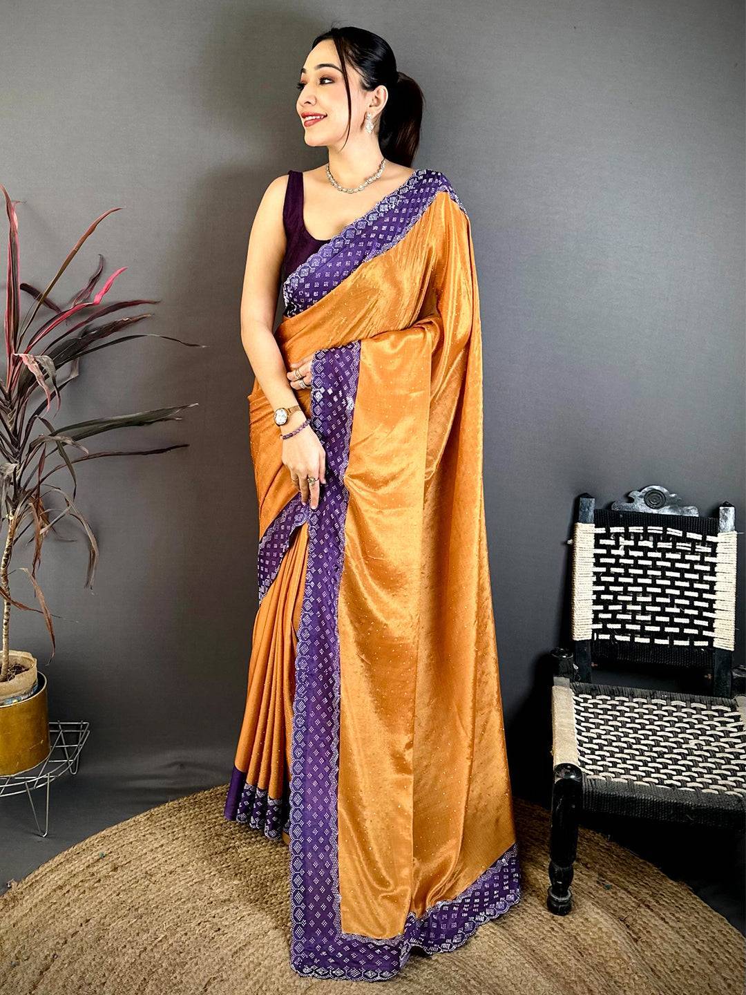 Yellow Poly Chiffon Diamond Stone Work Saree