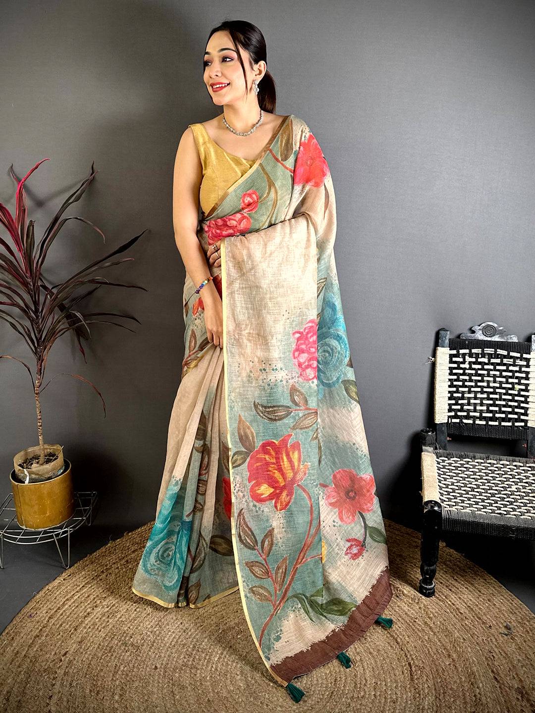 Sea Green Gold Zari Linen Chanderi Saree