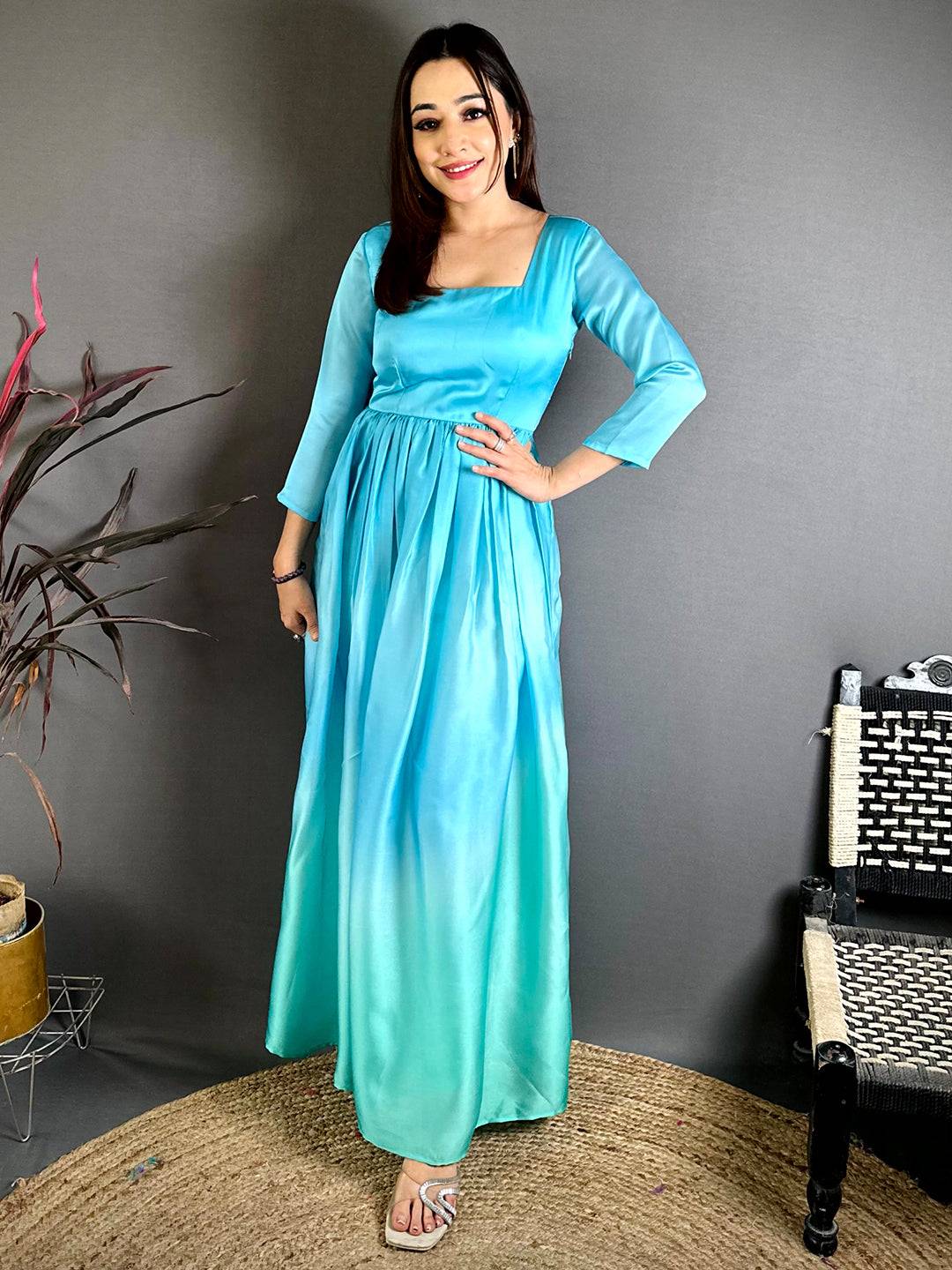 Royal Square Neck  Satin  Dress