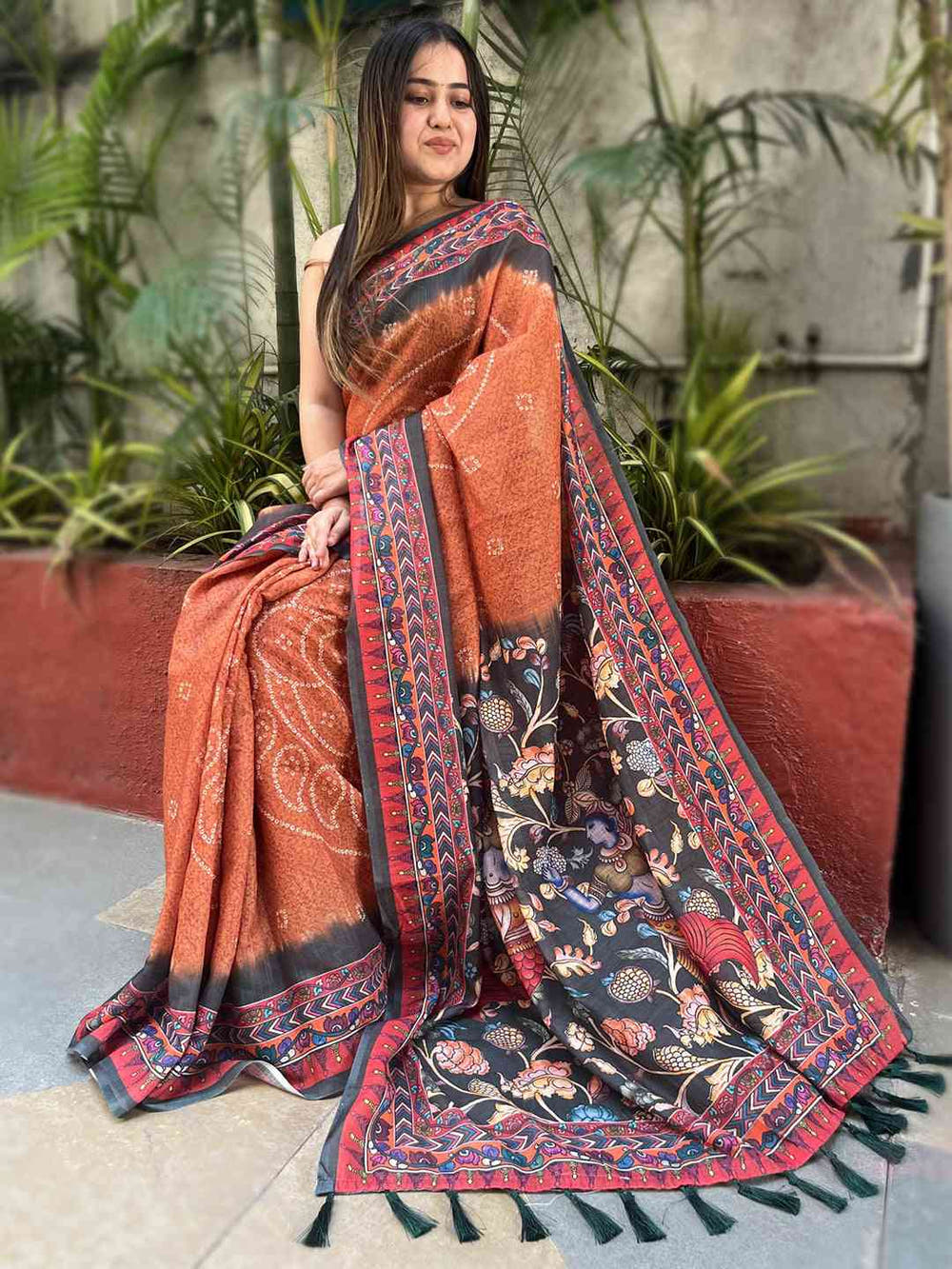 Orange Colour Design Linen Saree with Bandhej and kalamkari Digital Print