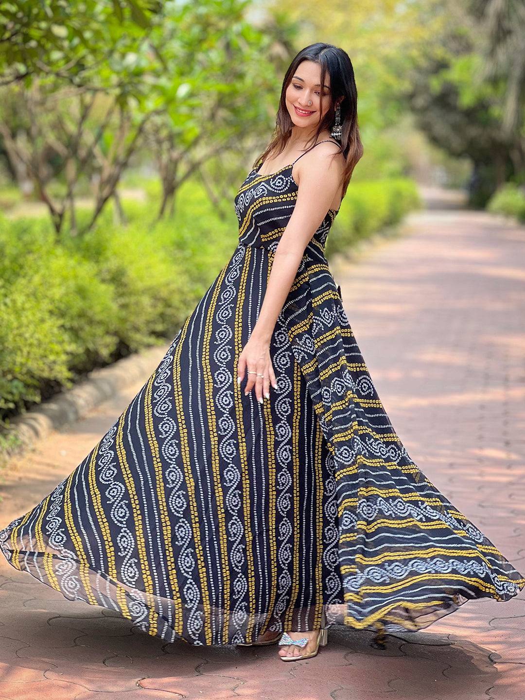 Raven Black Printed Bandhej Dress