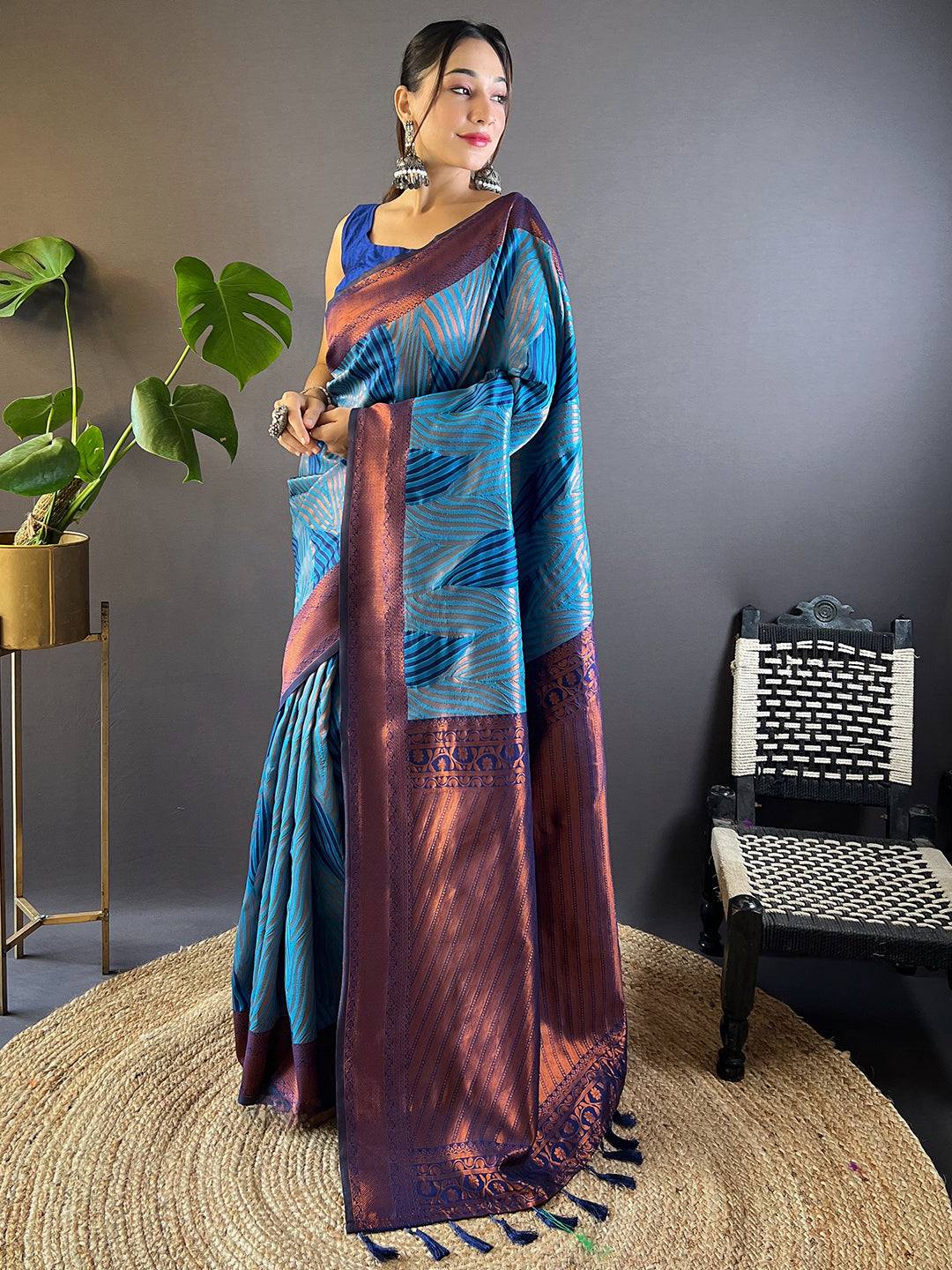 Royal Blue Tussar Silk Zari Weaving Ikkat Saree