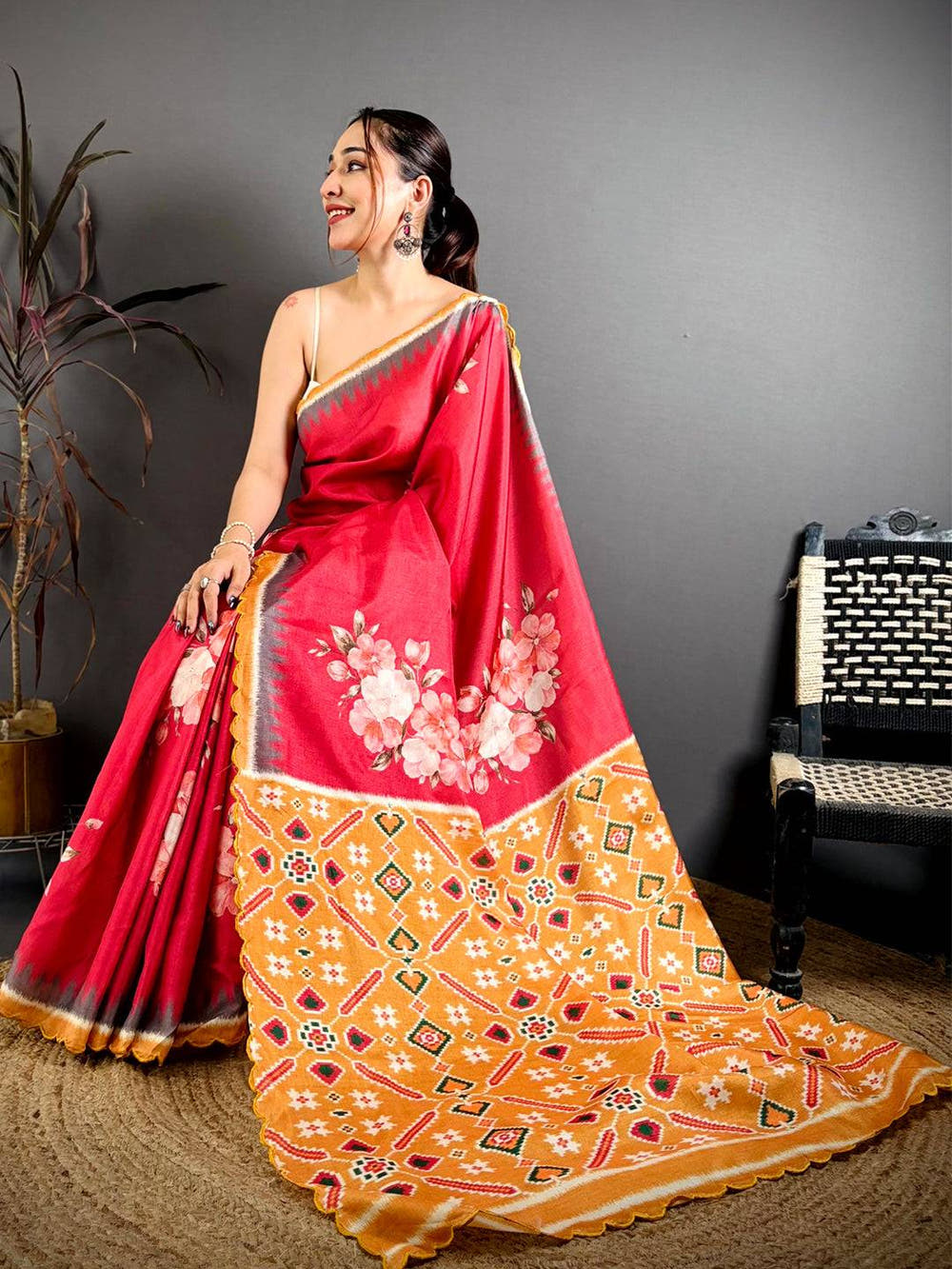 Classic Tussar Floral Ikkat Printed Saree