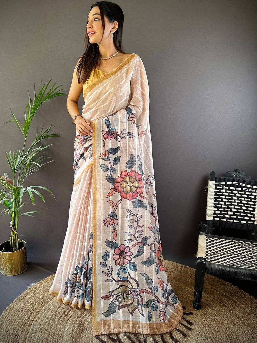 Floral Elegance Linen Chanderi Saree