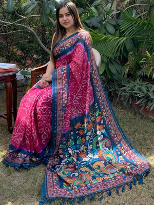 Linen Bandhej Kalamkari Digital Print Saree