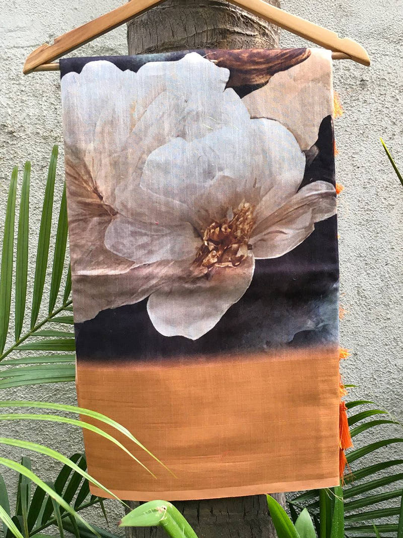 Chiku Linen Floral Digital Print Saree