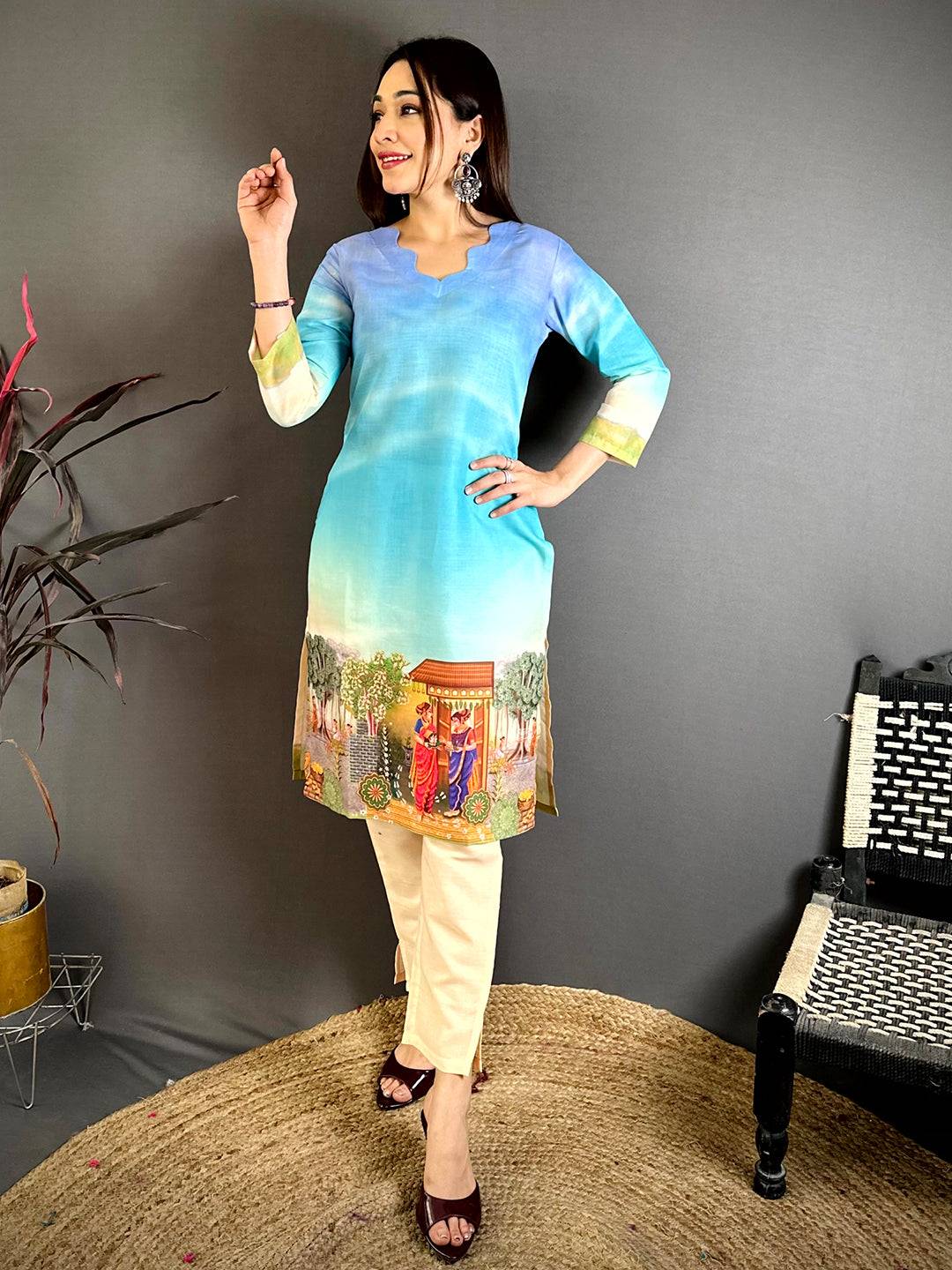 V  Wave  Neck  Mul  Cotton  Kurti