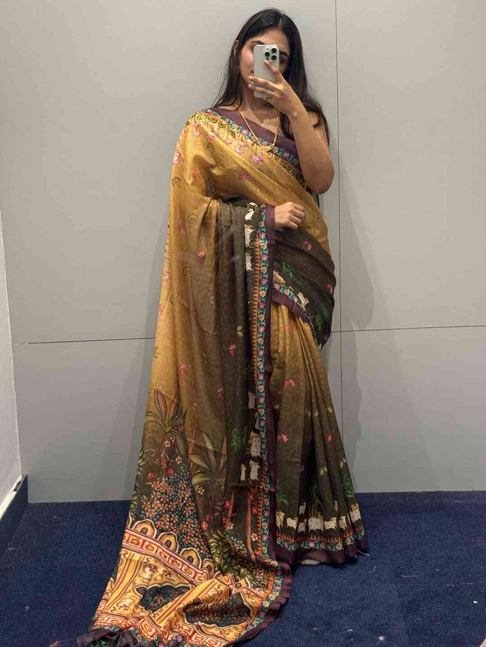 Soft Linen Ombre Pichwai Printed Brown Colour Saree