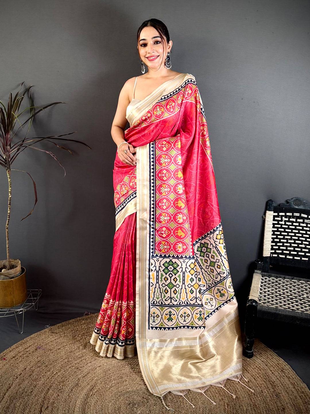 Rani Pink Patola Border Kanchi Silk Saree