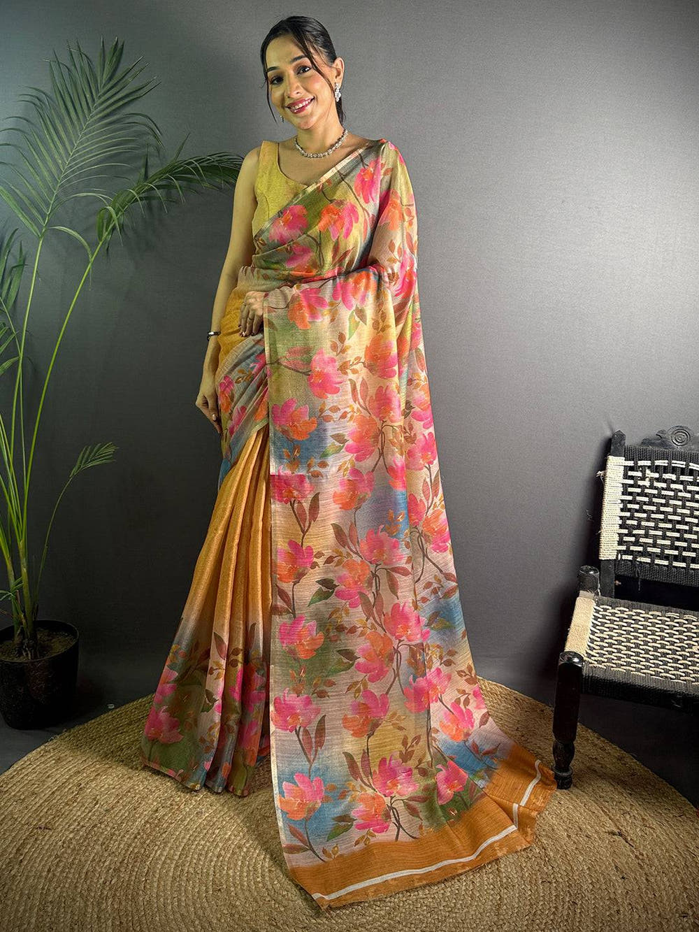 Mustard Yellow  Linen Juth Digital Print Saree