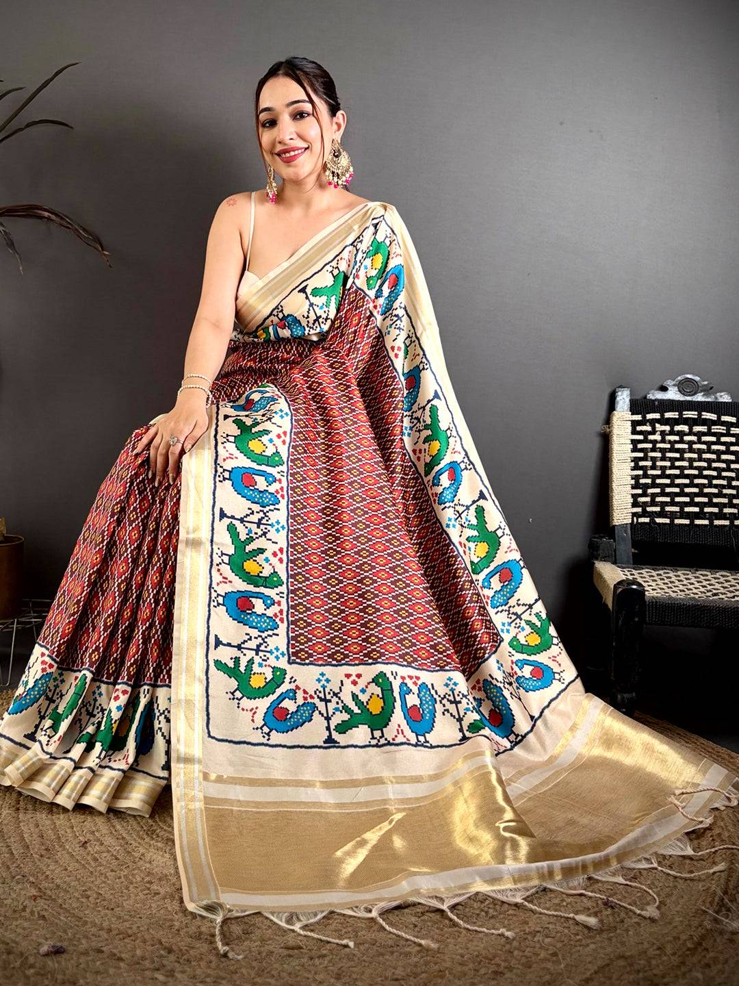 Maroon Soft Kanchi Silk Ikkat Patola Saree