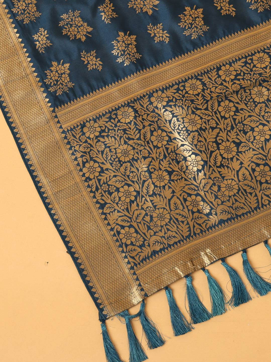 Woven Design Teal Silk Blend Dupatta With Resham Tassels
