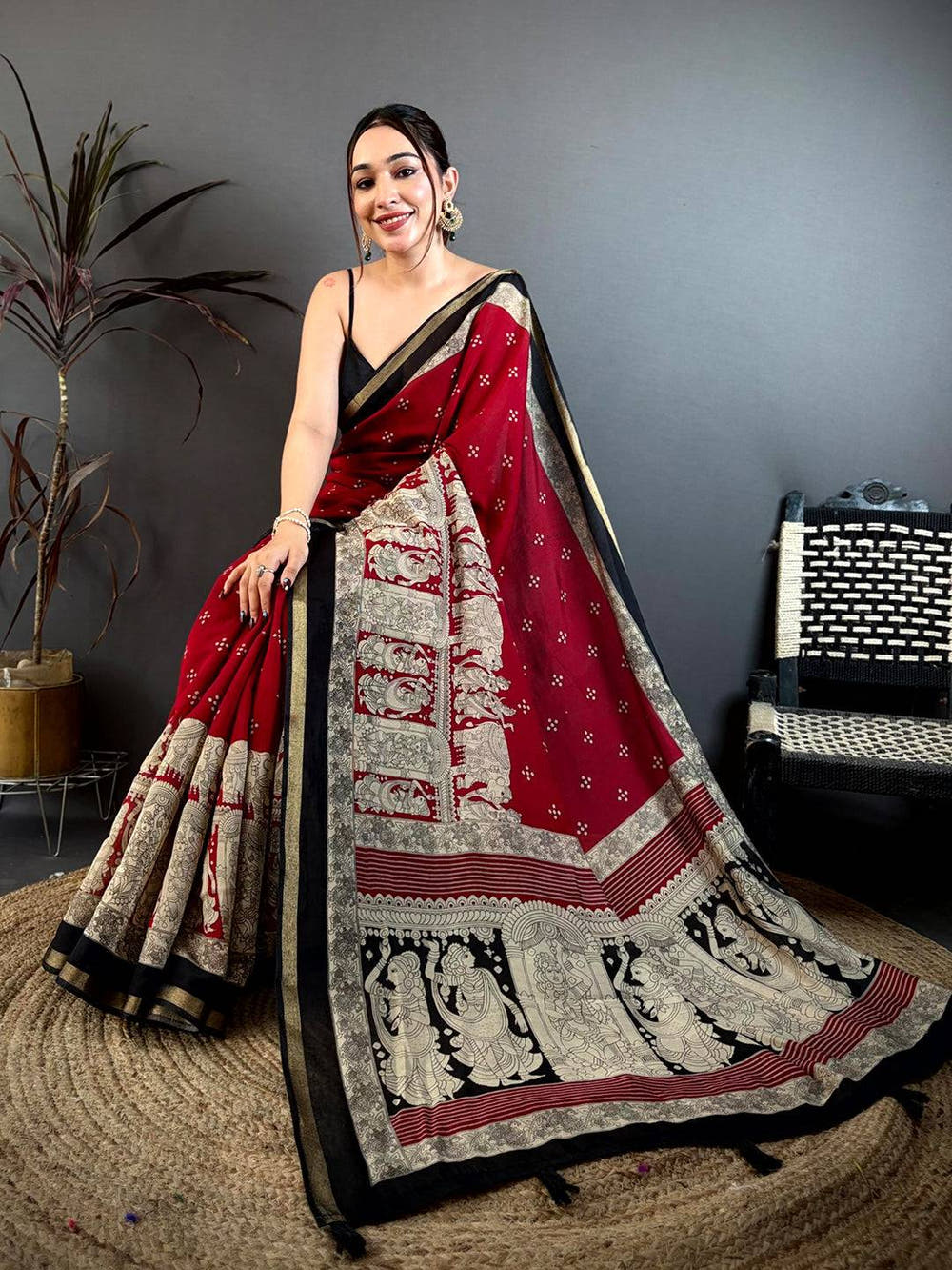 Red Mul Cotton Kalamkari Block Print Saree