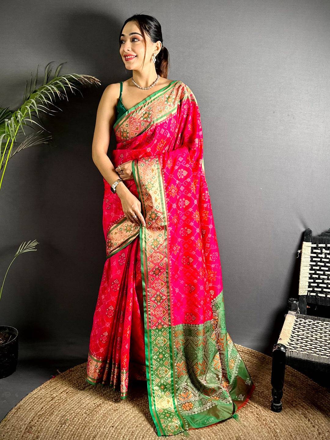 Pink Pochampally Patola Soft Silk Saree