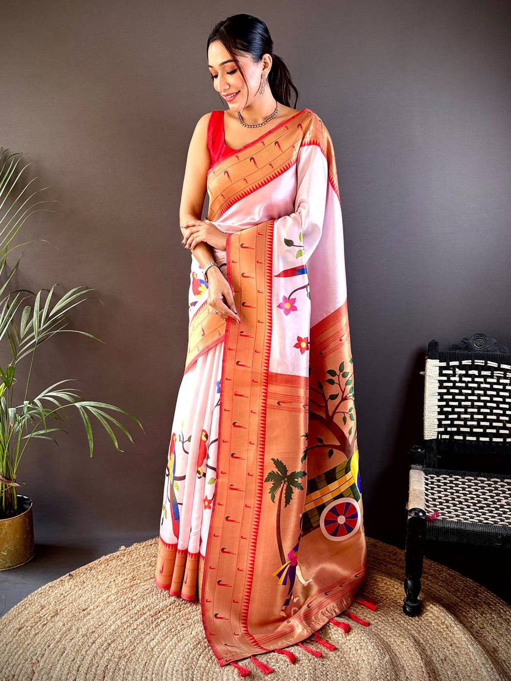 Minakari Soft Silk Bird Print Saree