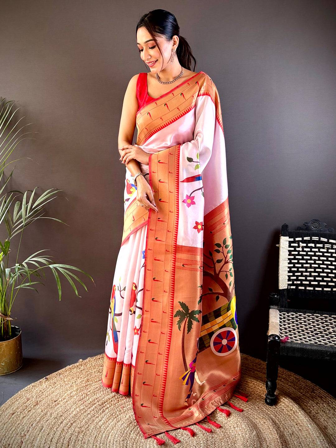 Minakari Soft Silk Bird Print Saree