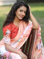 Satin Georgette Peach Colour Hand Print Saree - Luxe