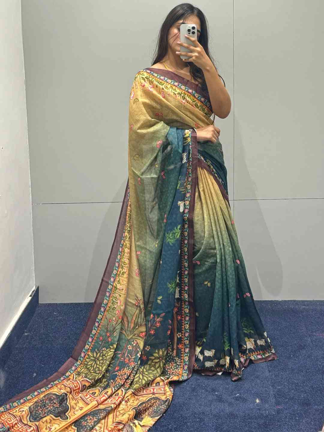 Soft Linen Ombre Pichwai Printed Turquoise Colour Saree