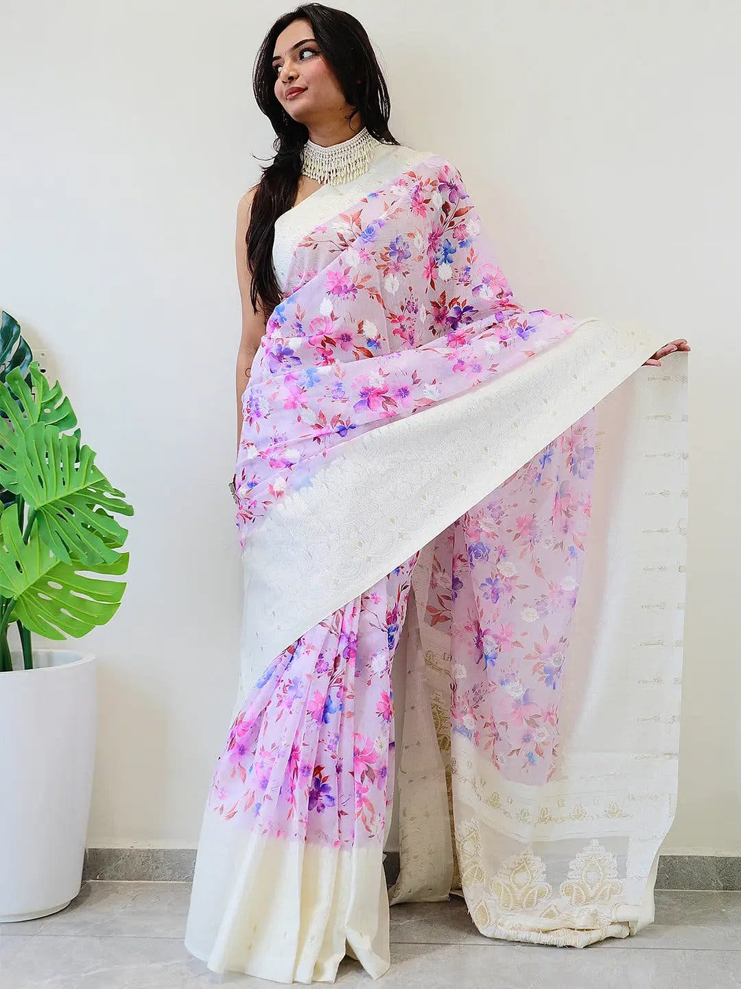 Multi Colour Digital Print Bollywood Saree in Lakhnavi Slub Pattern