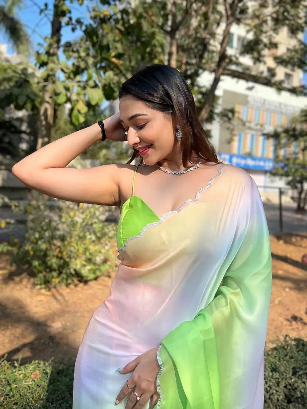 Green Satin Georgette Saree