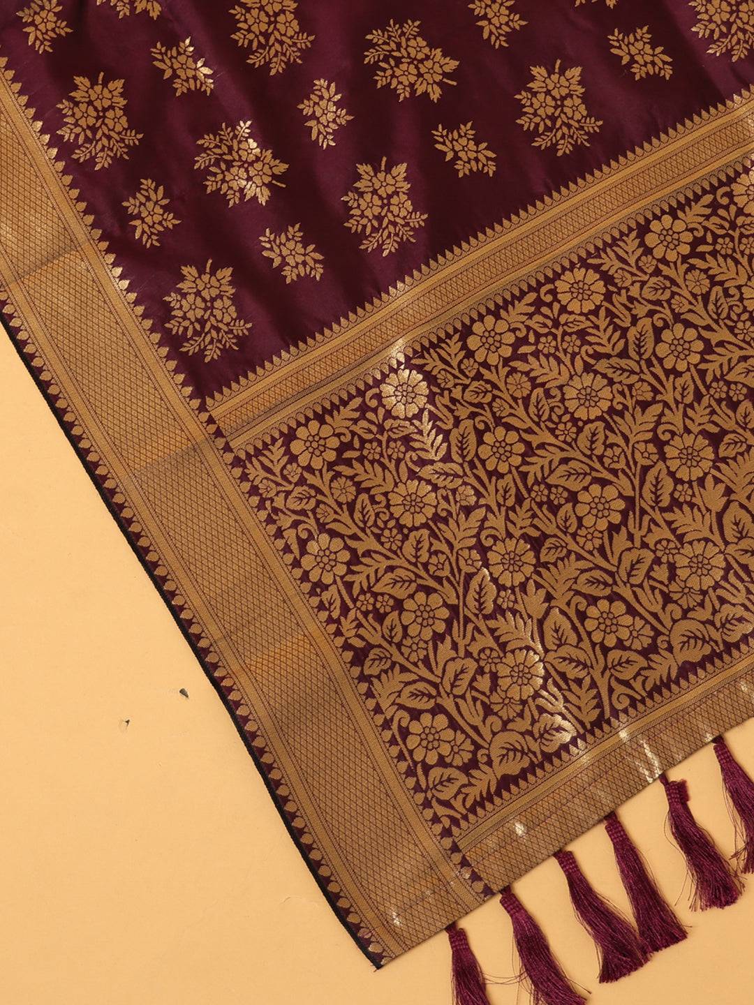 Woven Design Wine Silk Blend Dupatta With Resham Tassels
