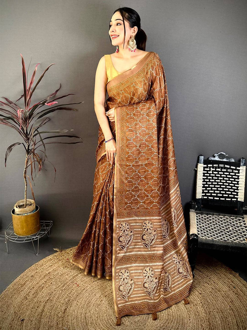 Brown Ajrakh Digital Print Kota Saree