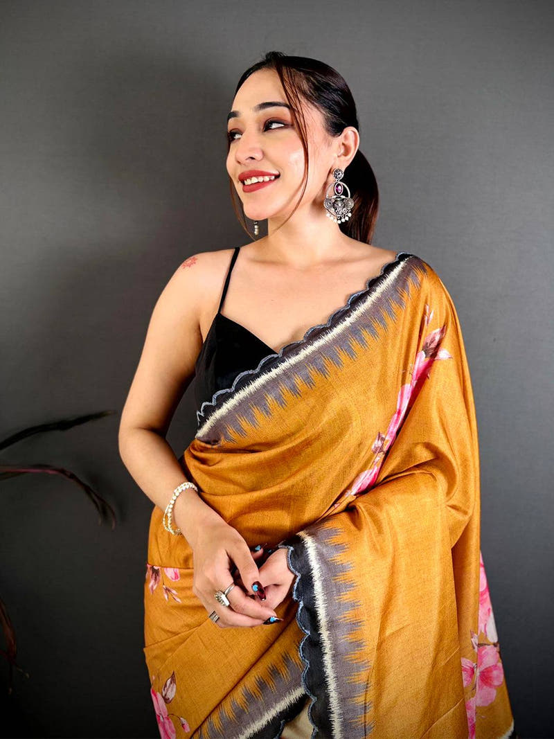 Mustard Tussar Ikkat Patola Saree