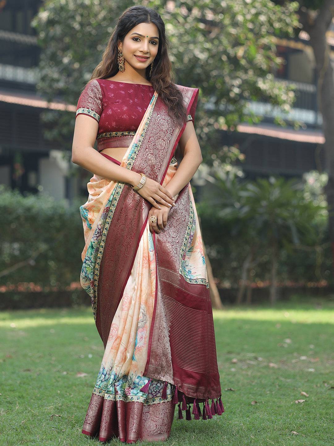 Peach Colour Phulkari Design Zari Weaving Pallu Saree - Luxe