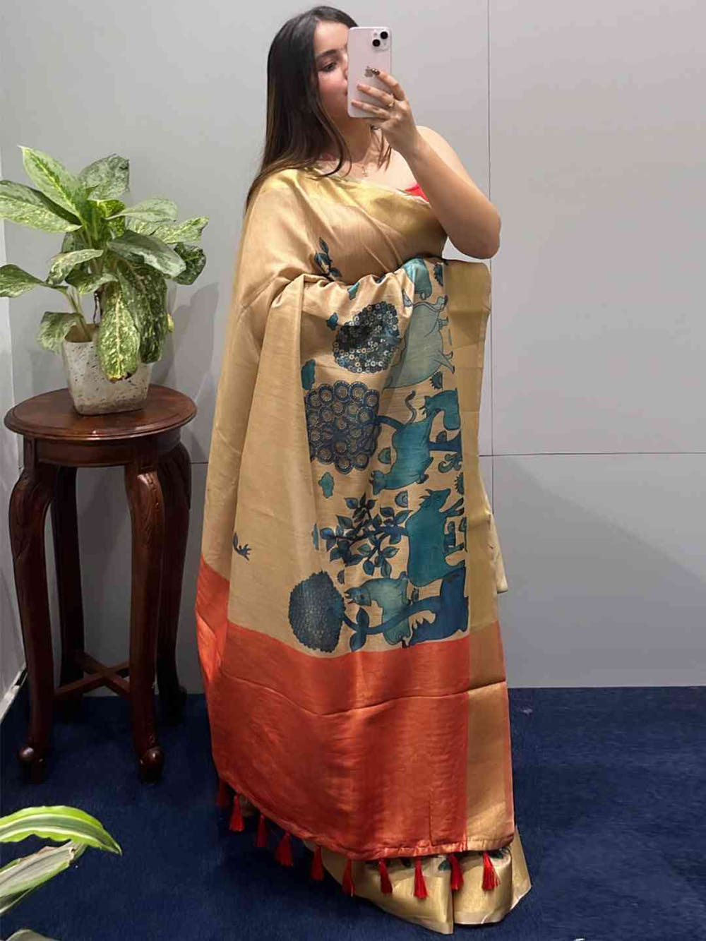 Incredible Pen Kalamkari Linen Tissue Soft Saree