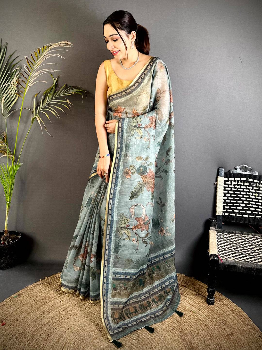 Regal Dark Floral Linen  Saree