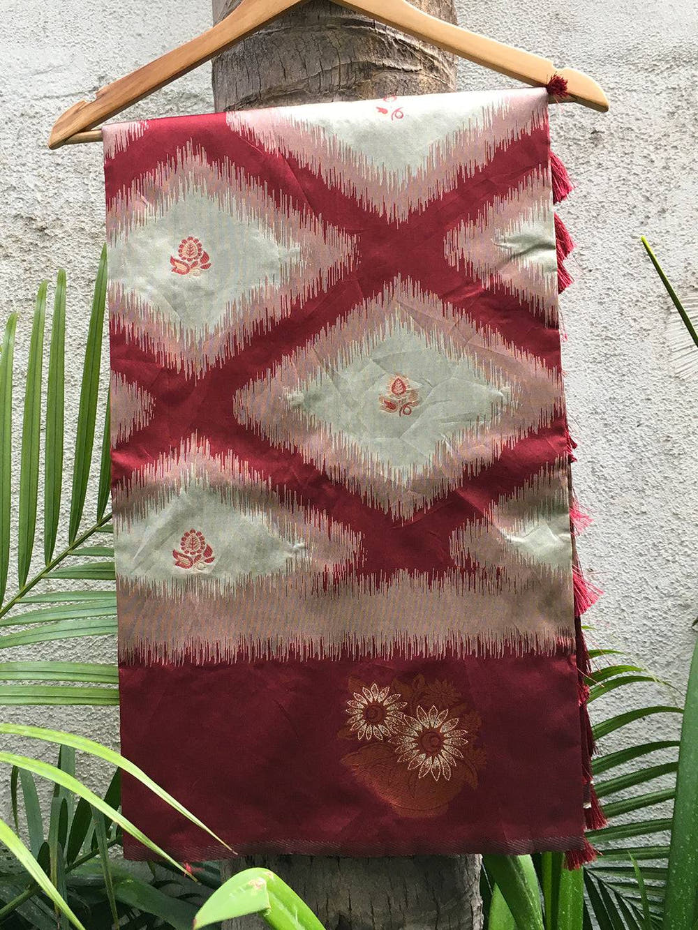 Maroon Tussar Silk Ikkat Weaving  Saree