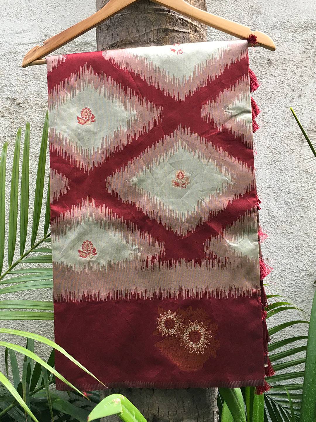 Maroon Tussar Silk Ikkat Weaving  Saree
