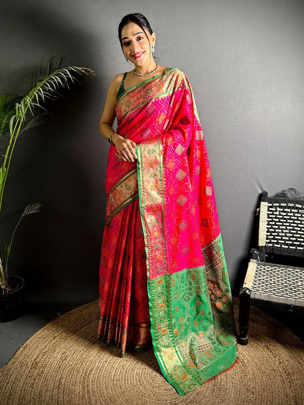 Pink Soft Silk Saree With Patola Weaving