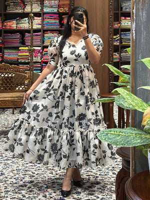 Pearl White Puff Sleeves Dress