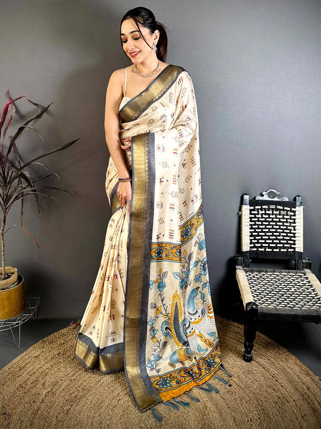 Grey Soft Dola Silk Warli Print Saree