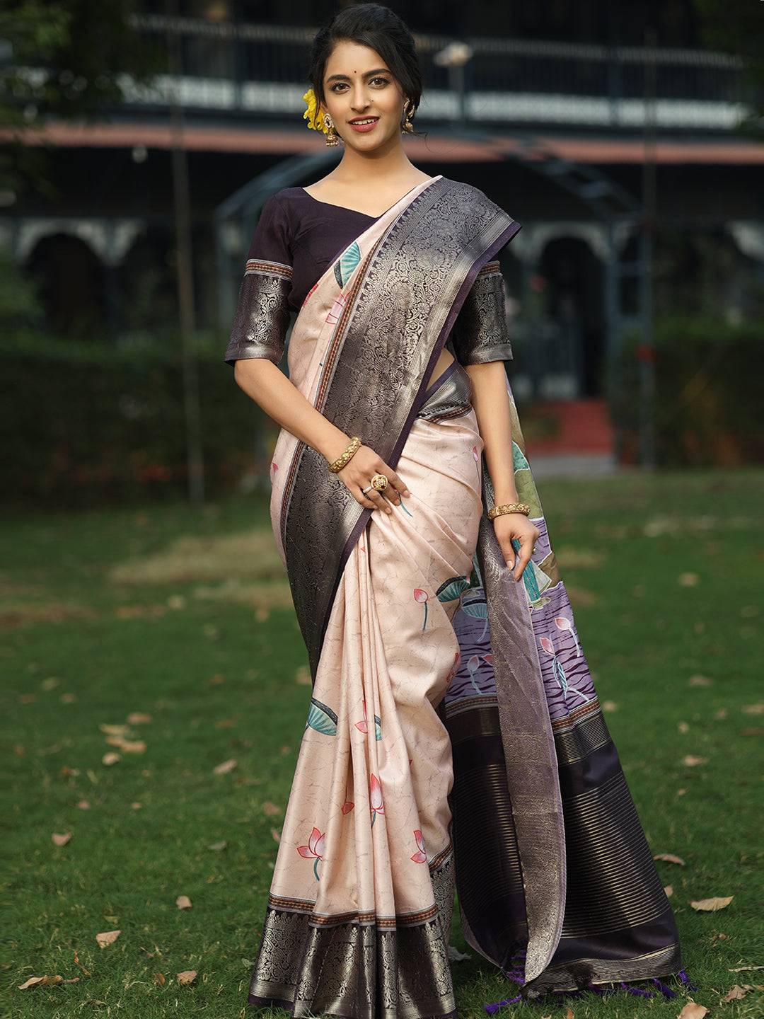 Peach Colour Batik Pen kalamkari Saree With Zari Weaving Pallu - Luxe