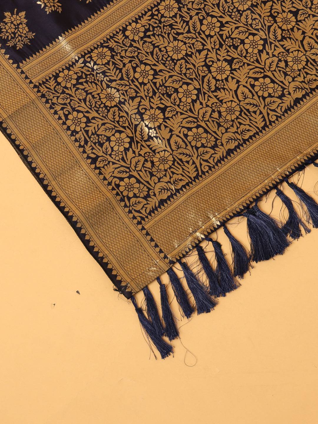 Woven Design Navy Silk Blend Dupatta With Resham Tassels