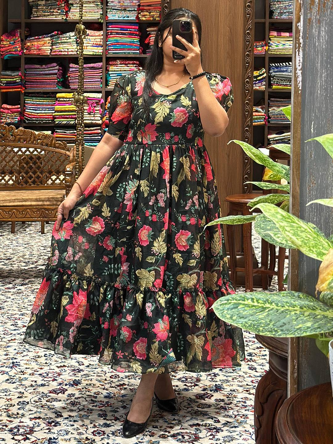 Revan Black Floral Print Midi Dress