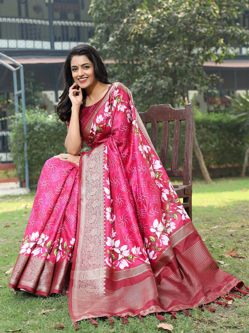 Pink Pure Viscose Dola Silk Saree With Floral Print Border - Luxe