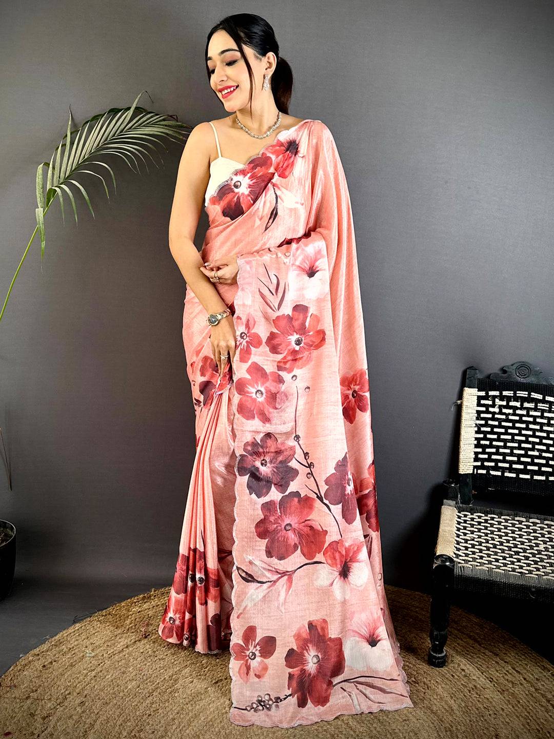 Pink Chinnon Stone Work Floral Saree