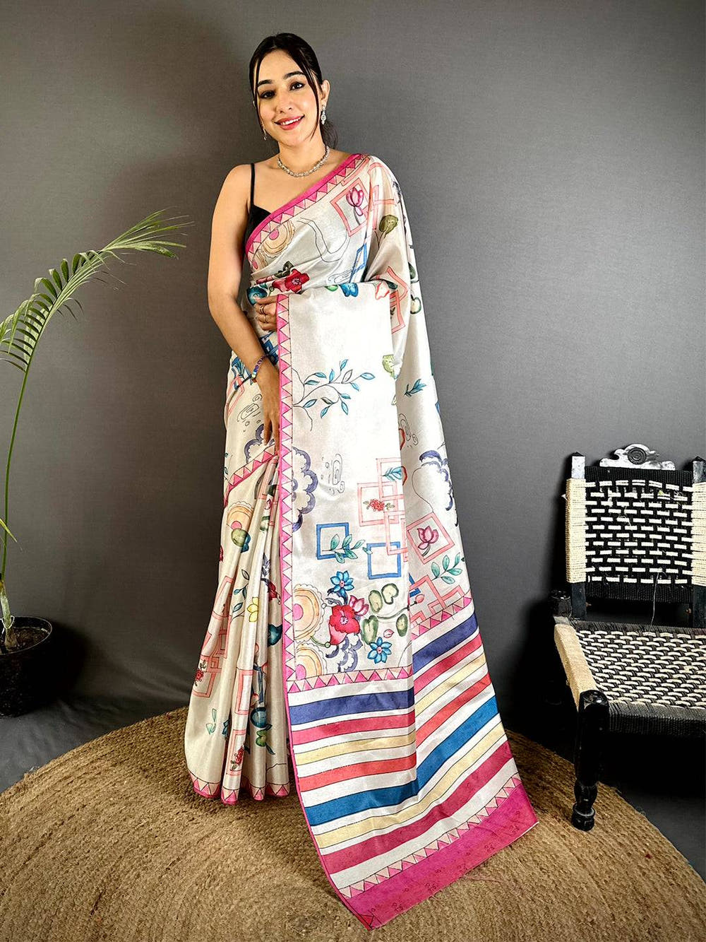 Off White Semi Tussar Striped Pallu Saree