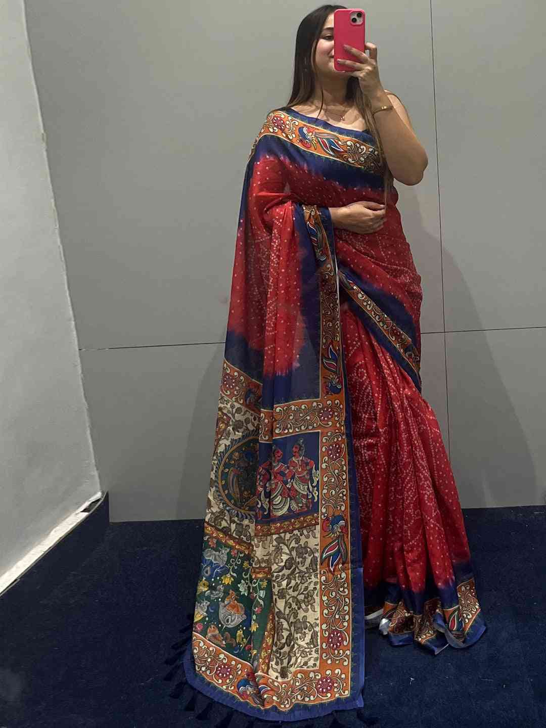 Red Colour Design Linen Saree with Bandhej and kalamkari Digital Print