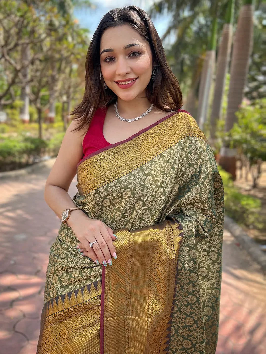 Green Colour One Gram Gold Tissue Saree With Jacquard Woven Work
