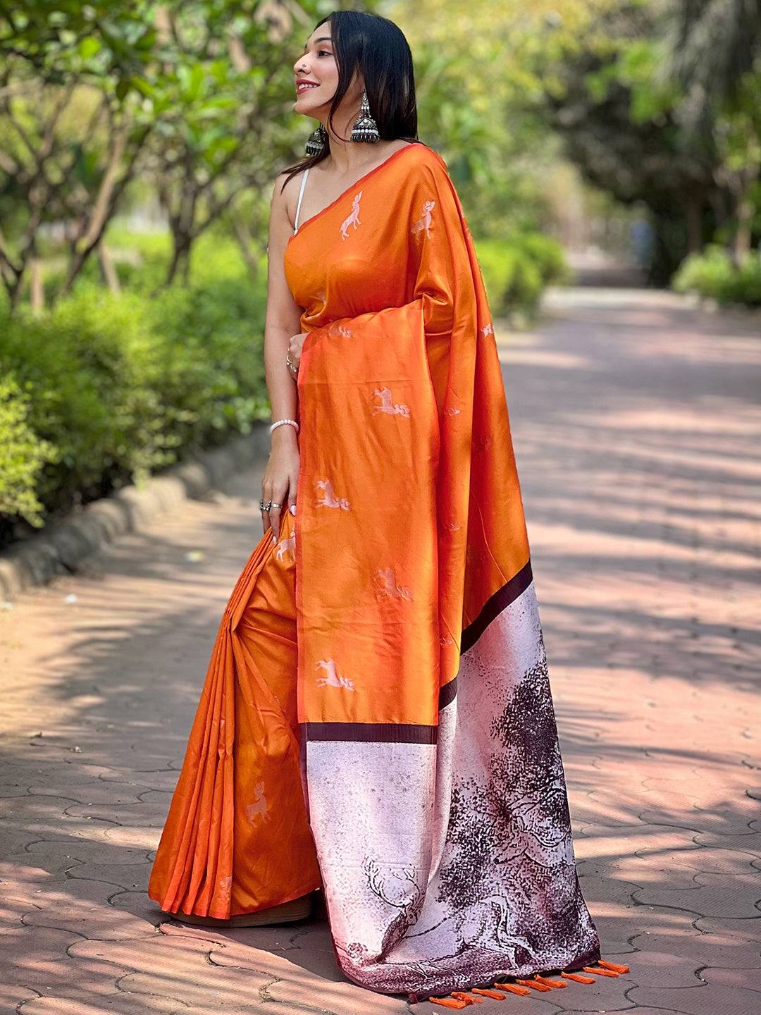 Orange Soft Silk Saree With Postar Weaving Zari Pallu