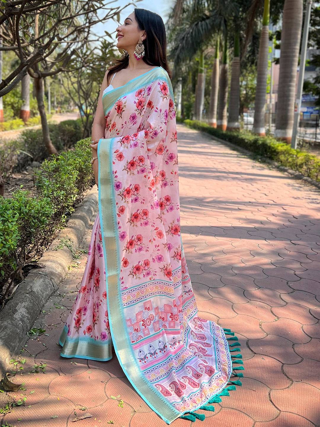 Pink Kota With Digital Floral Printed Saree