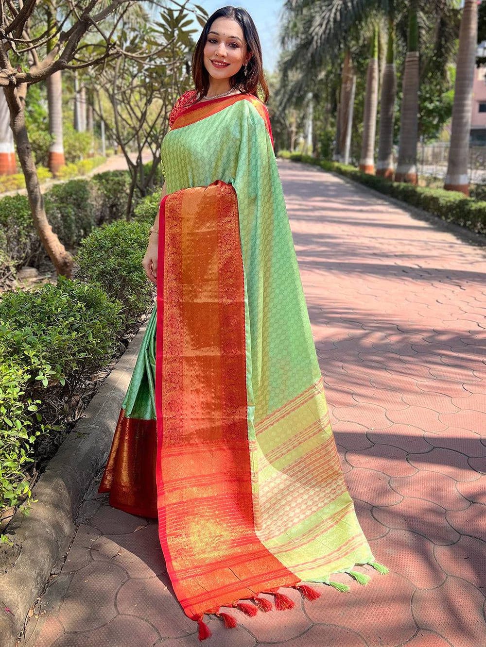 Pista Colour Kanjivaram Aura Soft Silk Saree With Broced Zari Blouse